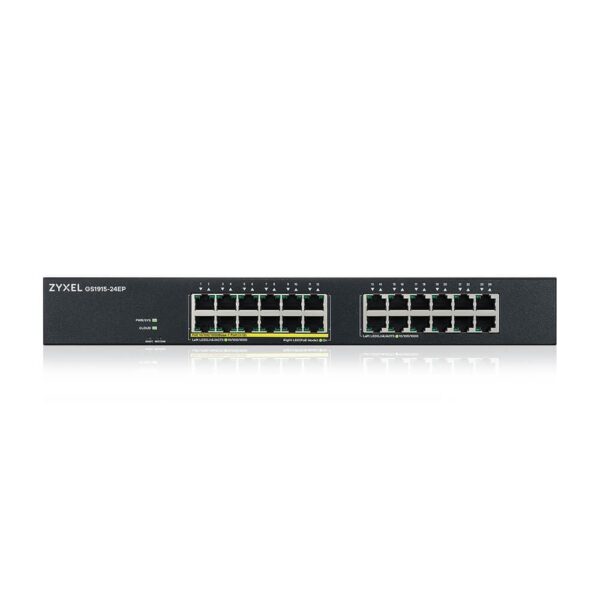 Комутатор ZyXEL GS1915-24EP, 24-port GbE, 12 port PoE, 130 Watt 802.3at, rackmount, fanless, Smart hybrid mode Switch, standalone or NebulaFlex Cloud