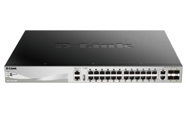 Комутатор D-Link 24x10/100/1000Base-T PoE ports (370W budget) Layer 3 Stackable Managed Gigabit Switch with 2x10GBASE-T ports and 4xSFP+ ports