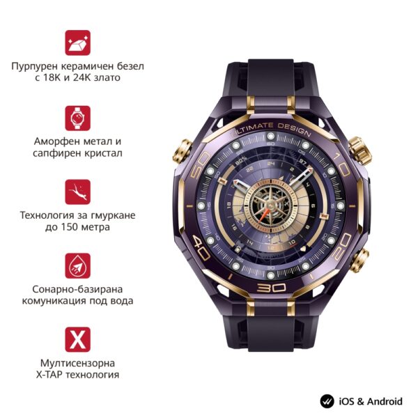 Часовник Huawei  Watch Ultimate Design Royal Gold, Long-B69, Purple ceramic bezel with 18K gold