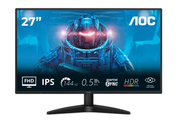 Монитор AOC 27B36X, 27" IPS WLED, 1920x1080@144Hz, 4ms GtG, 0.5ms MPRT, 300cd m/2, 1500:1, DCR 20M:1, Adaptive Sync, FlickerFree, Low Blue Light, Tilt, HDMI, DP