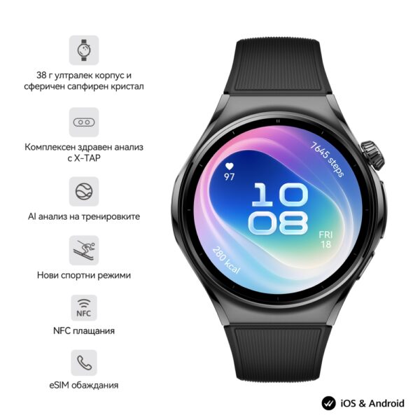 Часовник Huawei Watch 6, Niz-L19F, Black, 46.4 mm, 1.5-inch LTPO OLED color screen, 2.4GHz, BT5.0 and BR+BLE, 64GB; RAM 2GB, 4G LTE FDD, NFC, IP68, IP69, 5ATM, 40-meter diving grade waterproof,  4.5  days, 867 mAh + Huawei FreeBuds 7i Conch-T010 White
