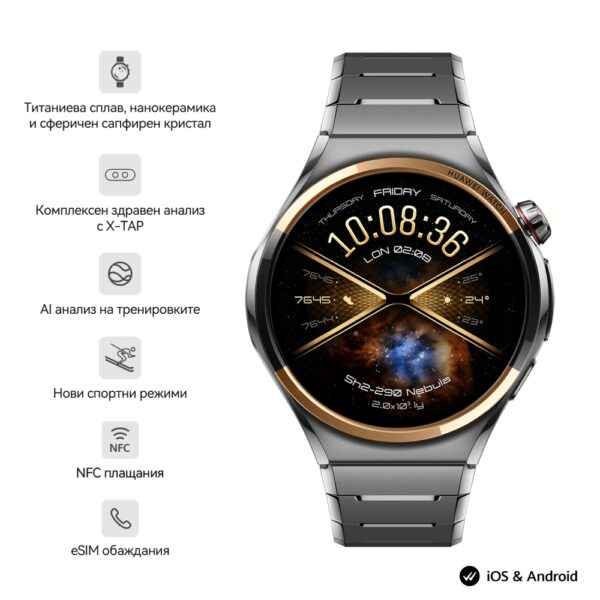 Часовник Huawei Watch 6 Pro, Niz-L29D, Space Edition, 46.4 mm, 1.5-inch LTPO OLED color screen, 2.4 GHz, BT5.0 and BR+BLE, 64GB; RAM 2GB, 4G LTE FDD, NFC, IP68, IP69, 5ATM, 40-meter diving grade waterproof,  4.5  days + Huawei FreeBuds 7i Conch-T010 White